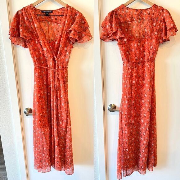NWT French Connection Esi Crepe Midi Tea Flutter Sleeve Dress in Pumpkin 0 - Picture 4 of 9